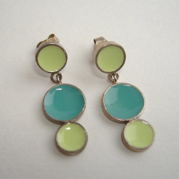 Hand Crafted Jewelry - Aqua Lime Dot Enamel Earrings Green Blue Sterling Silver Handmade Post New Gift